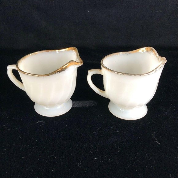 Fire King 3 Creamer 1 Sugar Bowl 2 Berry Set White Gold Swirl Anchor Hocking - Picture 3 of 12